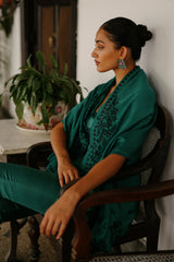 Bottle Green Embroidered Cape Set- Inching India