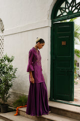 Wine Hand Embroidered Sharara Set- Inching India