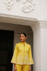 Yellow Coat Set with Wide Pants for Women's