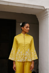 Yellow Coat Set with Wide Pants for Women's