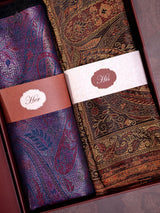 His & Her Kaani jacquard shawl set styled for a wedding gift