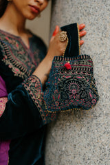 Blue Velvet Embroidered kurta Set with Wine Dupatta