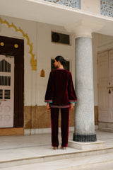Parv Wine Embroidered Velvet Paisley Co-ord Set- Inching India