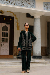 Parv Bottle Green Crush Paisley Embroidered Co-ord Set- Inchingindia