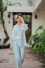 Light Blue Floral Embroidered Co-ord Set- Inchingindia