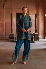 Jashn Teal Ikkat Brocade Farshi Set, teal ikkat brocade kurta with embroidered modal farshi, image 3 of 10