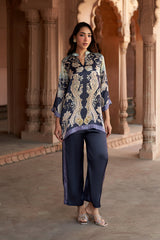 Jashn Navy Contrast Printed Co-ord Set, navy paisley print modal tunic with straight pants, image 1 of 11