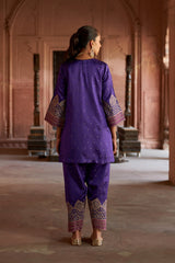 Jashn Purple Brocade Embroidered Salwar Set, purple brocade kurta salwar with embroidered patchwork and organza dupatta, image 7 of 9
