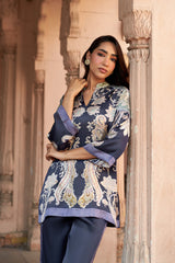 Jashn Navy Contrast Printed Co-ord Set, navy paisley print modal tunic with straight pants, image 6 of 11