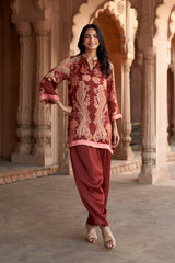 Jashn Maroon Printed Salwar Set, maroon paisley print modal kurta with solid salwar, image 4 of 12