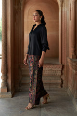 Jashn Black Brocade Co-ord Set, black satin shirt with peacock brocade wide-leg pants, image 5 of 6