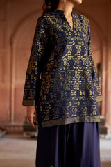 Jashn Navy Ikkat Brocade Salwar Set, navy ikkat brocade kurta with embroidered modal salwar, image 5 of 8