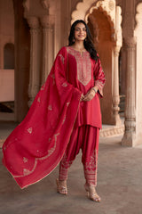 Jashn Rani Pink Zari Yoke Salwar Set, rani pink hand embroidered zari yoke kurta salwar with organza dupatta, image 1 of 12
