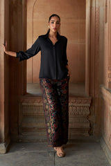 Jashn Black Brocade Co-ord Set, black satin shirt with peacock brocade wide-leg pants, image 1 of 6