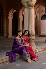 Jashn Wine Hand Embroidered Farshi Set styled with Jashn Rani Pink Orange Zari Farshi Set, wine hand embroidered kurta with farshi and organza dupatta