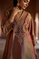 Jashn Gold Maroon Tissue Embroidered Farshi Set, gold maroon tissue kurta with modal farshi and organza dupatta, image 7 of 11