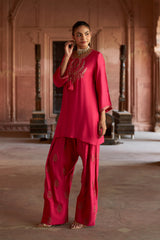 Jashn Hot Pink Embroidered Farshi Set, hot pink modal kurta with embroidered farshi and organza dupatta, image 9 of 10