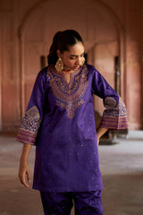 Jashn Purple Brocade Embroidered Salwar Set, purple brocade kurta salwar with embroidered patchwork and organza dupatta, image 5 of 9