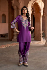 Jashn Wine Aari Embroidered Salwar Set, wine aari paisley embroidered kurta salwar with organza dupatta, image 6 of 12