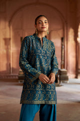 Jashn Teal Ikkat Brocade Farshi Set, teal ikkat brocade kurta with embroidered modal farshi, image 4 of 10