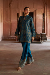 Jashn Teal Ikkat Brocade Farshi Set, teal ikkat brocade kurta with embroidered modal farshi, image 2 of 10