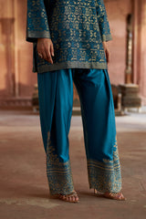 Jashn Teal Ikkat Brocade Farshi Set, teal ikkat brocade kurta with embroidered modal farshi, image 8 of 10
