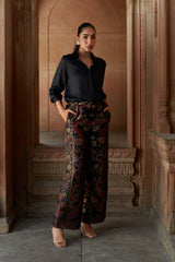 Jashn Black Brocade Co-ord Set, black satin shirt with peacock brocade wide-leg pants, image 2 of 6