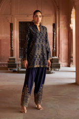 Jashn Navy Ikkat Brocade Salwar Set, navy ikkat brocade kurta with embroidered modal salwar, image 1 of 8