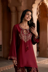 Jashn Maroon Embroidered Brocade Farshi Set, maroon embroidered kurta with brocade farshi and organza dupatta, image 2 of 12