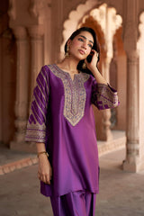 Jashn Wine Hand Embroidered Farshi Set, wine hand embroidered kurta with farshi and organza dupatta, image 8 of 13