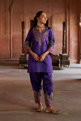Jashn Purple Brocade Embroidered Salwar Set, purple brocade kurta salwar with embroidered patchwork and organza dupatta, image 6 of 9