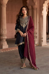 Jashn Black Embroidered Salwar Set with Wine Dupatta, black paisley embroidered kurta salwar with wine organza dupatta, image 1 of 12
