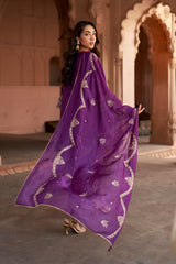Jashn Wine Hand Embroidered Farshi Set, wine hand embroidered kurta with farshi and organza dupatta, image 2 of 13