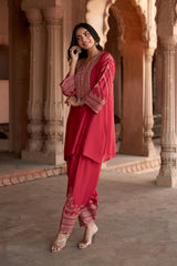 Jashn Rani Pink Zari Yoke Salwar Set, rani pink hand embroidered zari yoke kurta salwar with organza dupatta, image 5 of 12