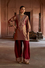 Jashn Gold Maroon Tissue Embroidered Farshi Set, gold maroon tissue kurta with modal farshi and organza dupatta, image 2 of 11