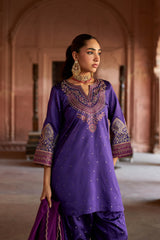 Jashn Purple Brocade Embroidered Salwar Set, purple brocade kurta salwar with embroidered patchwork and organza dupatta, image 4 of 9
