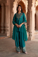 Jashn Bottle Green Embroidered Farshi Set, bottle green embroidered kurta with farshi and organza dupatta, image 8 of 11