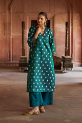 Jashn Teal Brocade Kurta Set, teal satin brocade kurta with striped brocade pants, image 4 of 7