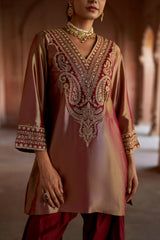 Jashn Gold Maroon Tissue Embroidered Farshi Set, gold maroon tissue kurta with modal farshi and organza dupatta, image 3 of 11