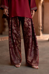 Jashn Maroon Embroidered Brocade Farshi Set, maroon embroidered kurta with brocade farshi and organza dupatta, image 6 of 12