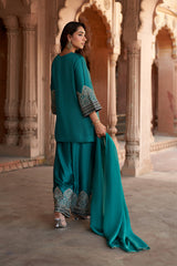 Jashn Bottle Green Embroidered Farshi Set, bottle green embroidered kurta with farshi and organza dupatta, image 9 of 11