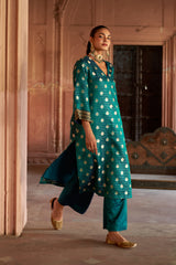 Jashn Teal Brocade Kurta Set, teal satin brocade kurta with striped brocade pants, image 7 of 7