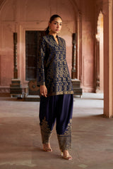 Jashn Navy Ikkat Brocade Salwar Set, navy ikkat brocade kurta with embroidered modal salwar, image 2 of 8
