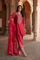 Jashn Rani Pink Zari Yoke Salwar Set, rani pink hand embroidered zari yoke kurta salwar with organza dupatta, image 2 of 12