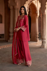 Jashn Rani Pink Orange Zari Farshi Set, rani pink kurta with orange zari embroidery, farshi and organza dupatta, image 8 of 12