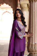 Jashn Wine Aari Embroidered Salwar Set, wine aari paisley embroidered kurta salwar with organza dupatta, image 9 of 12