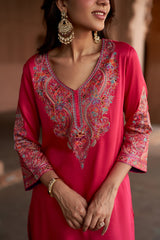 Jashn Hot Pink Aari Embroidered Salwar Set, hot pink aari paisley embroidered kurta salwar with organza dupatta, image 2 of 10