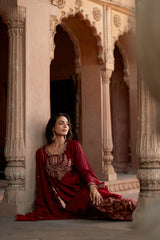 Jashn Maroon Embroidered Brocade Farshi Set, maroon embroidered kurta with brocade farshi and organza dupatta, image 10 of 12