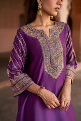 Jashn Wine Hand Embroidered Farshi Set, wine hand embroidered kurta with farshi and organza dupatta, image 3 of 13