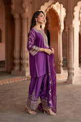 Jashn Wine Hand Embroidered Farshi Set, wine hand embroidered kurta with farshi and organza dupatta, image 9 of 13